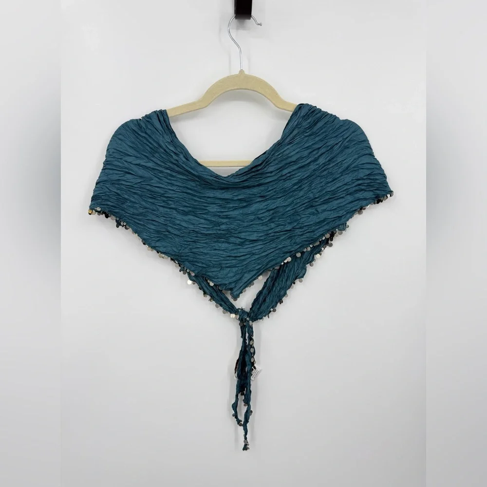 Coldwater creek scarf teal‎ 100% silk embellishment silver sequins trim